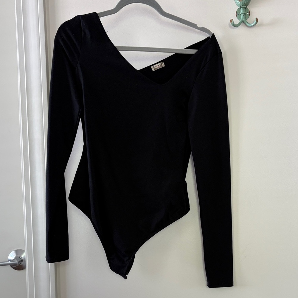 Free People Black Long-Sleeve Asymmetrical Bodysuit